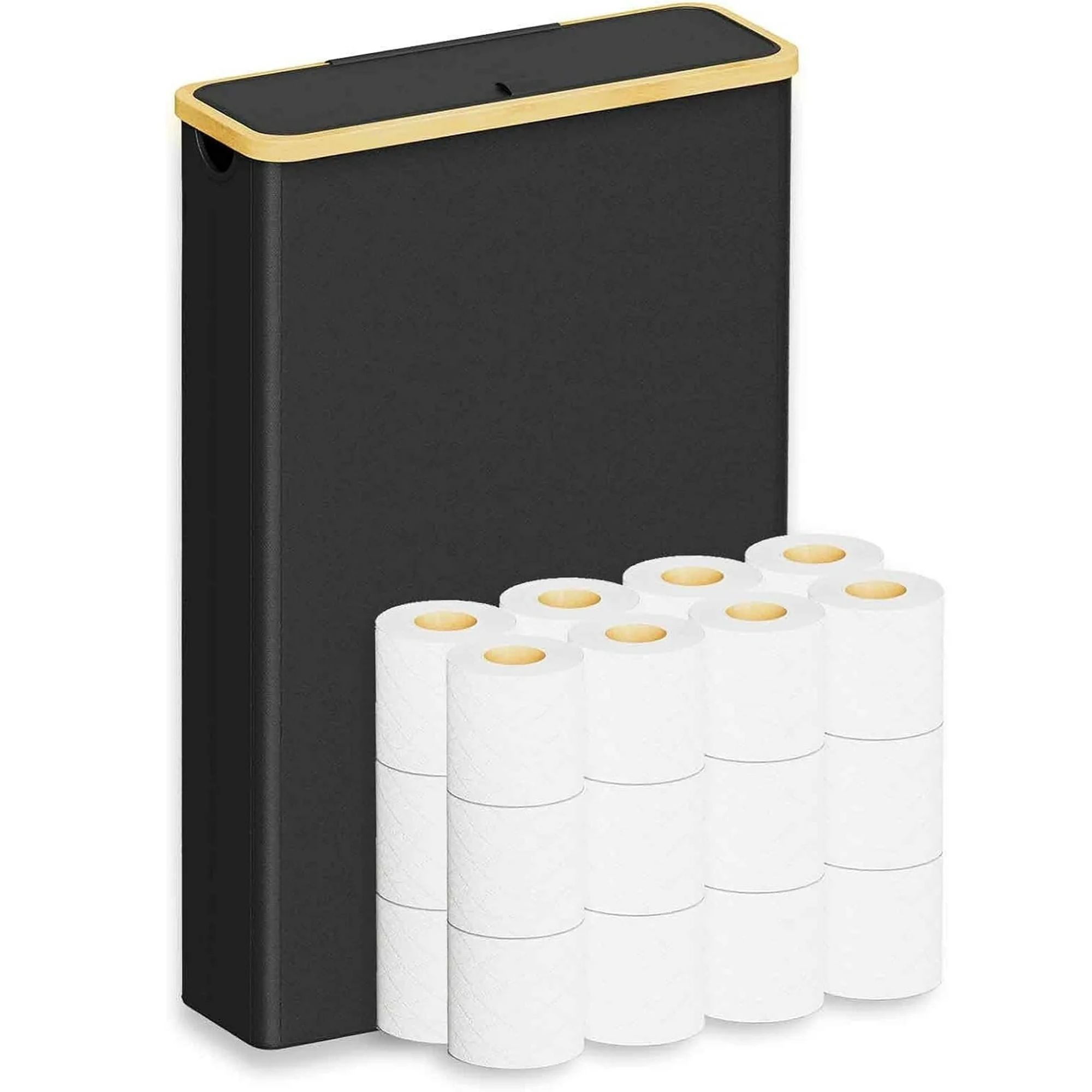 A black toilet roll holder with 12 rolls stacked in front of it