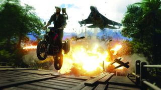 Riding a motorbike away from an explosion in Just Cause 4.