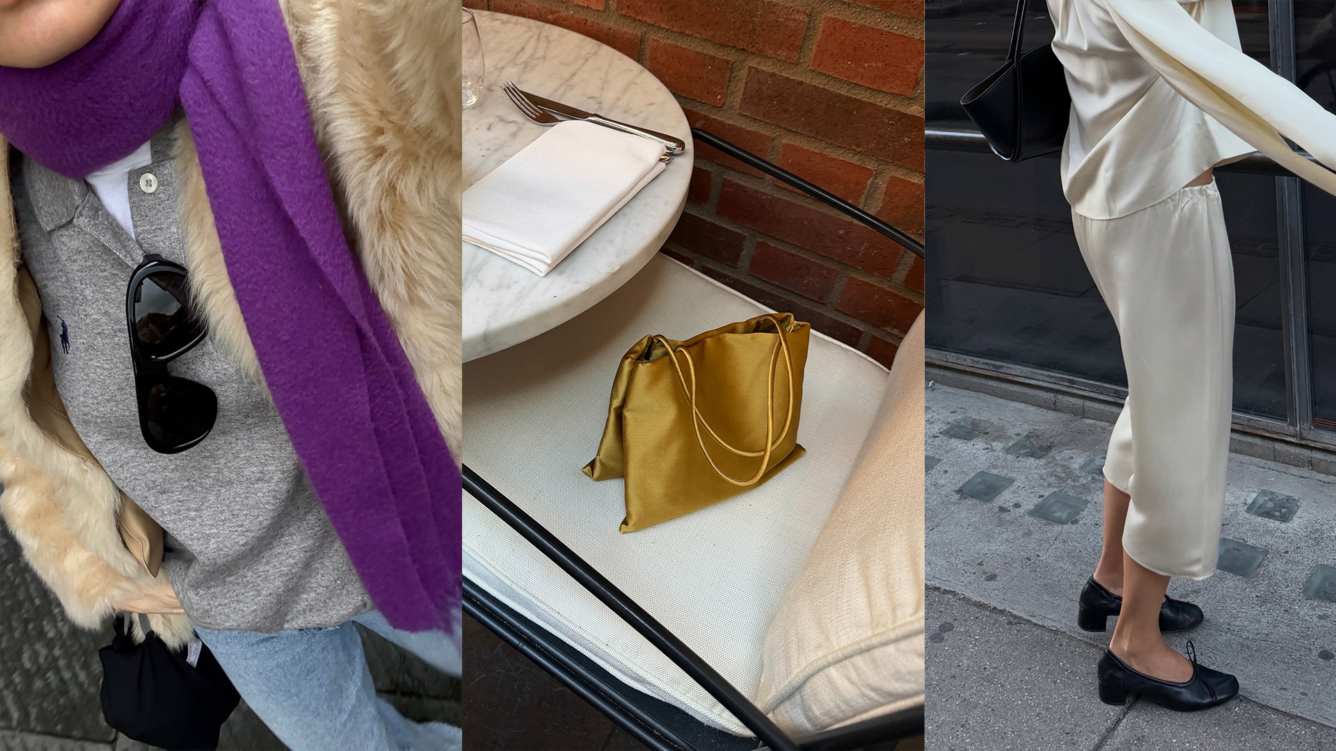 Collage of a woman wearing a purple scarf with a gray sweatshirt and jeans, a satin The Row Cecily bag, and a woman wearing ballet pumps