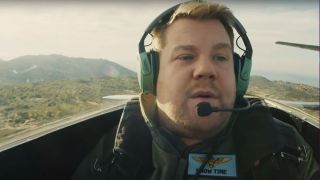 James Corden in a fighter jet
