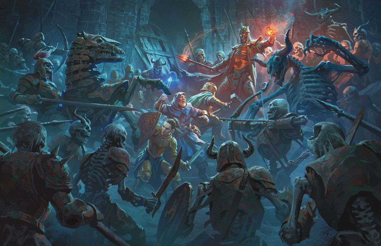 A horde of skeletons swarm a group of unassuming adventurers in the D&amp;D 2024 Monster Manual.