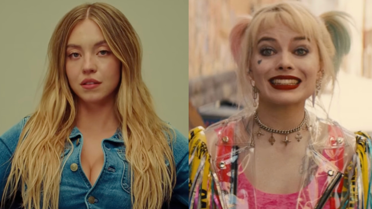 Sydney Sweeney and Margot Robbie as Harley Quinn in a side-by-side photo.