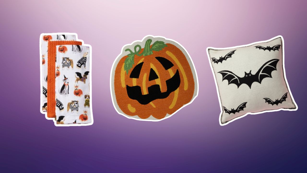 Tea towels, pumpkin rug, and bat pillow on purple background