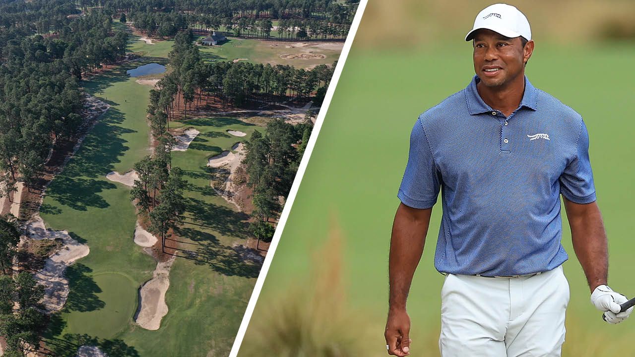 Pinehurst No.2 Aerial shot and Tiger Woods walking the golf course