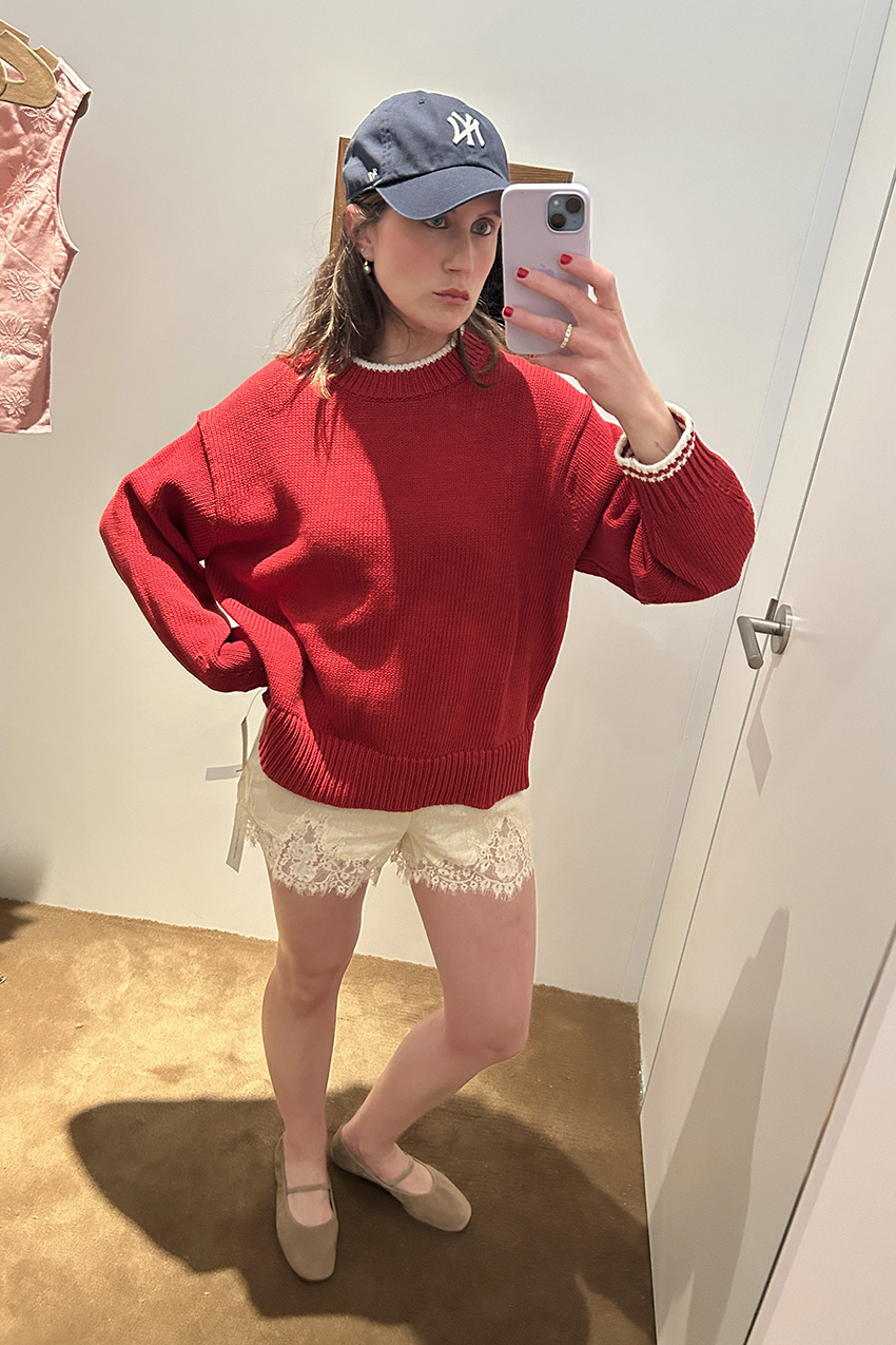 Reformation Cove Cotton Crew Sweater, Reformation Fern Linen Shorts, Reformation Buffy Ballet Flats