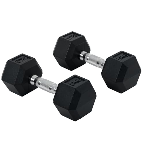 Homcom Rubber Dumbbell Sports Hex Weights Sets Home Gym Fitness Hexagonal Dumbbells Kit Weight Lifting Exercise (2 X 8kg) Black