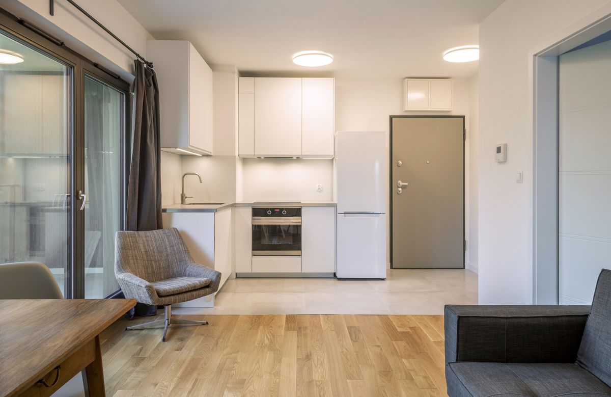 Interior of a modern micro apartment annexe with living room and kitchenette