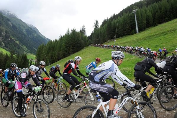 Racers climb to the high point of the 2012 TransAlp, the Idjoch (2,737m)