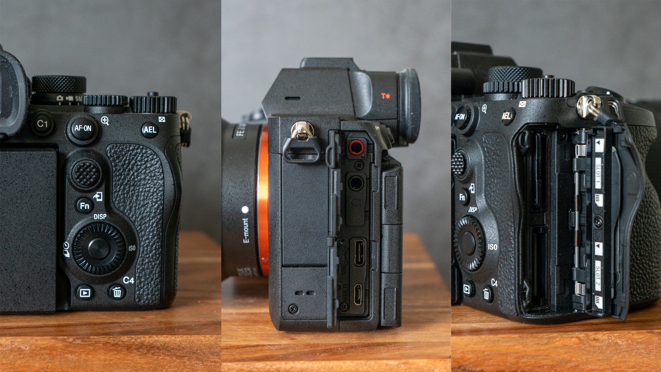 Three images showing details on the Sony A7R V camera body