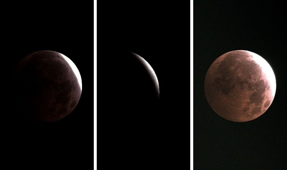 Three stages of the partial lunar eclipse on Aug. 28, as imaged by the ZWO Seestar S50 Pro.