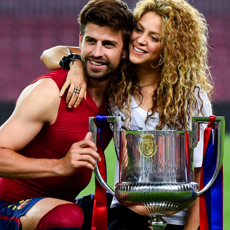 Gerard Pique of FC Barcelona and Shakira pose with the trophy after FC Barcelona won the Copa del Rey Final match against Athletic Club at Camp Nou on May 30, 2015 in Barcelona, Spain