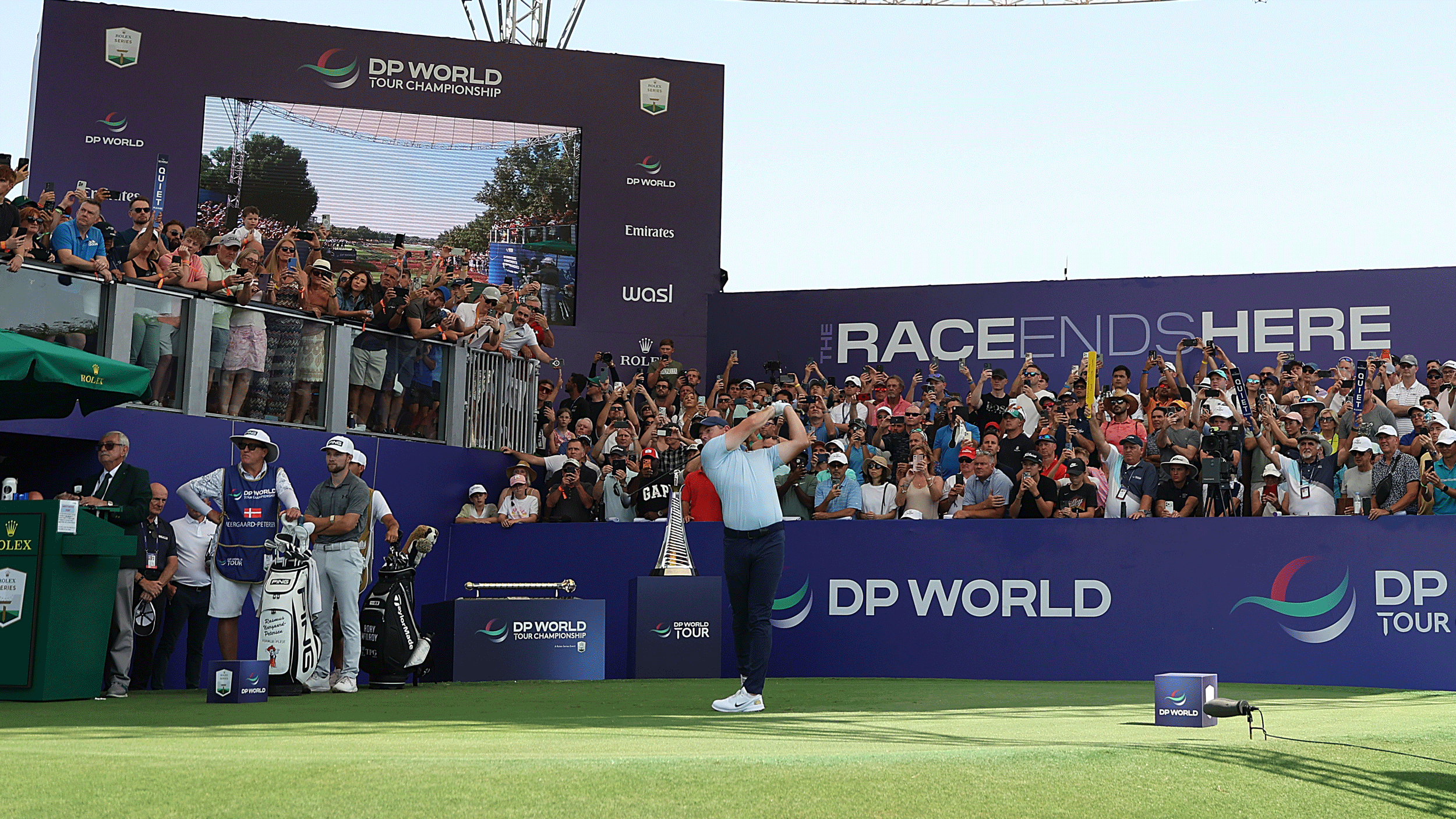 Rory McIlroy tees off during the final round of the 2025 DP World Tour Championship