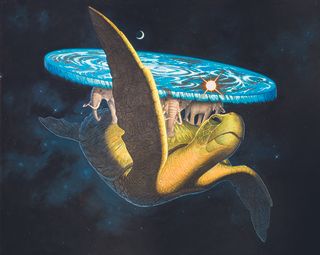 Great A’Tuin II - “This large-scale painting depicts the Discworld, on the backs of four elephants, who are standing on a giant turtle, travelling through space. Pratchett genius at work.”