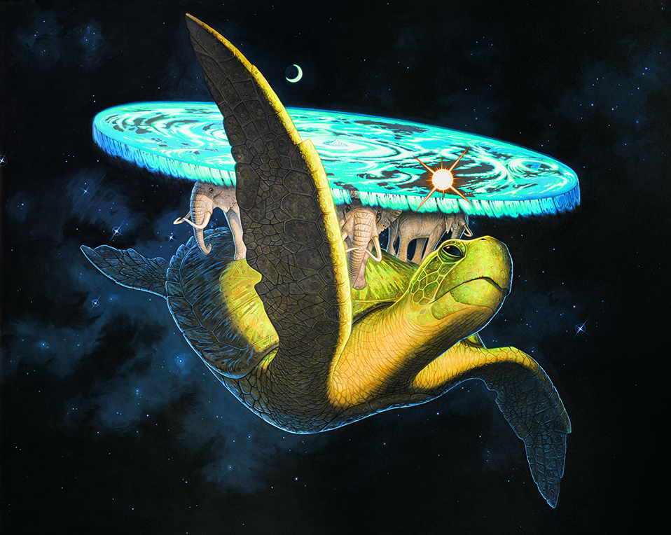 Great A’Tuin II - “This large-scale painting depicts the Discworld, on the backs of four elephants, who are standing on a giant turtle, travelling through space. Pratchett genius at work.”
