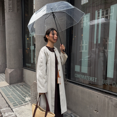 An image of an influencer holding a transparent umbrella and wearing a light beige trench coat, holding a basket tote