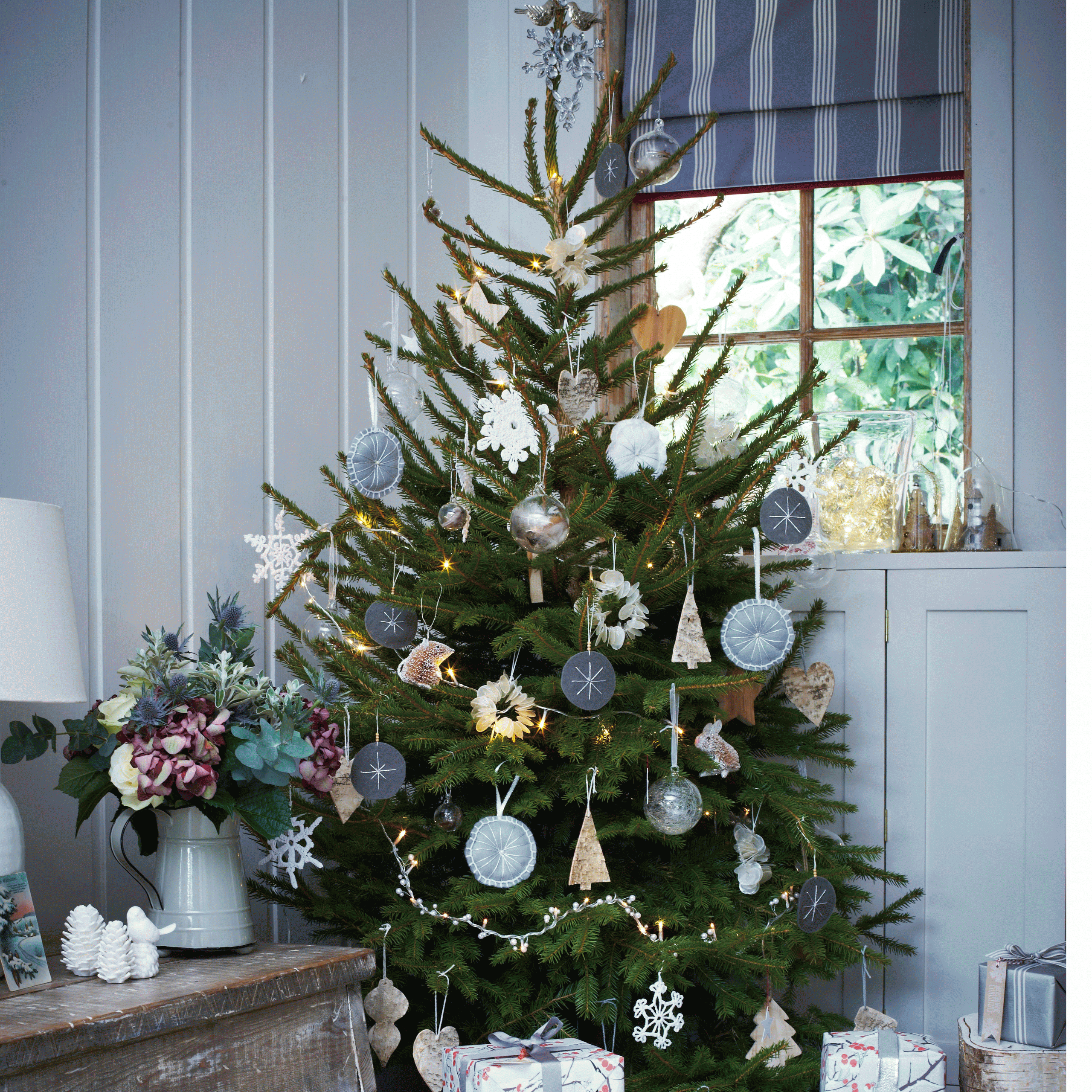 christmas tree decor and blue wall