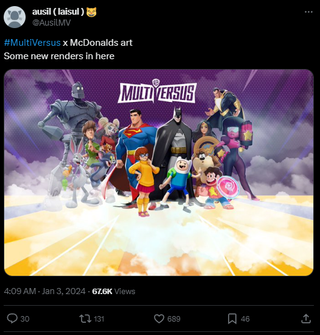 A post that reads: "#MultiVersus x McDonalds art Some new renders in here" with an image of the MultiVersus cast standing under a logo.
