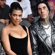 las vegas, nevada july 10 kourtney kardashian and travis barker are seen in attendance during the ufc 264 event at t mobile arena on july 10, 2021 in las vegas, nevada photo by jeff bottarizuffa llc