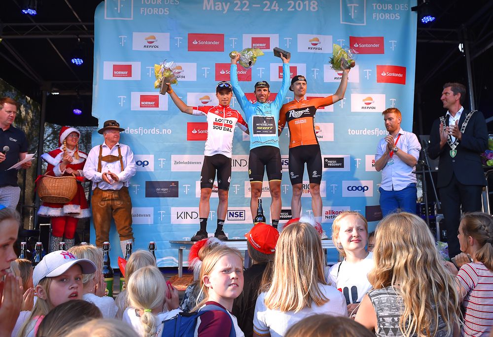 Bjorg Lambrecht, Michael Albasini and Pim Ligthart on the tour des Fjords podium