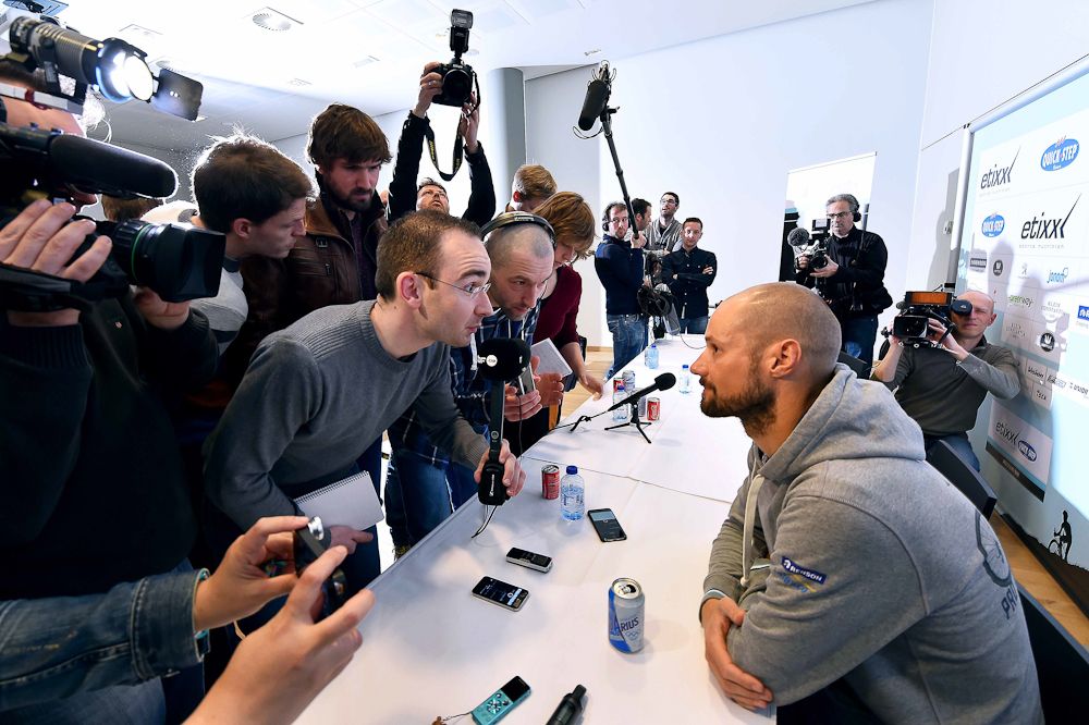 Tom Boonen answers questions from the media.