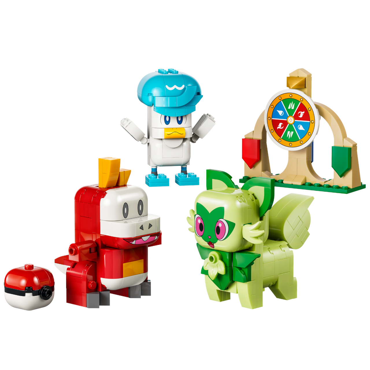 Lego Sprigatito, Fuecoco and Quaxly Battle (72158) on a plain background