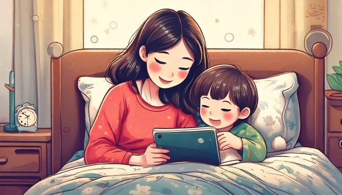 Parent and child reading a story in bed.