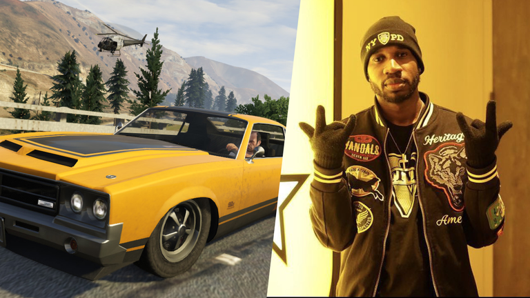 Trevor driving car in GTA V and Kryto9095 infront of Rockstar Games logo