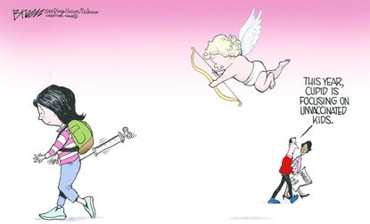 Editorial Cartoon U.S. Valentines day anti-vaxxer cupid