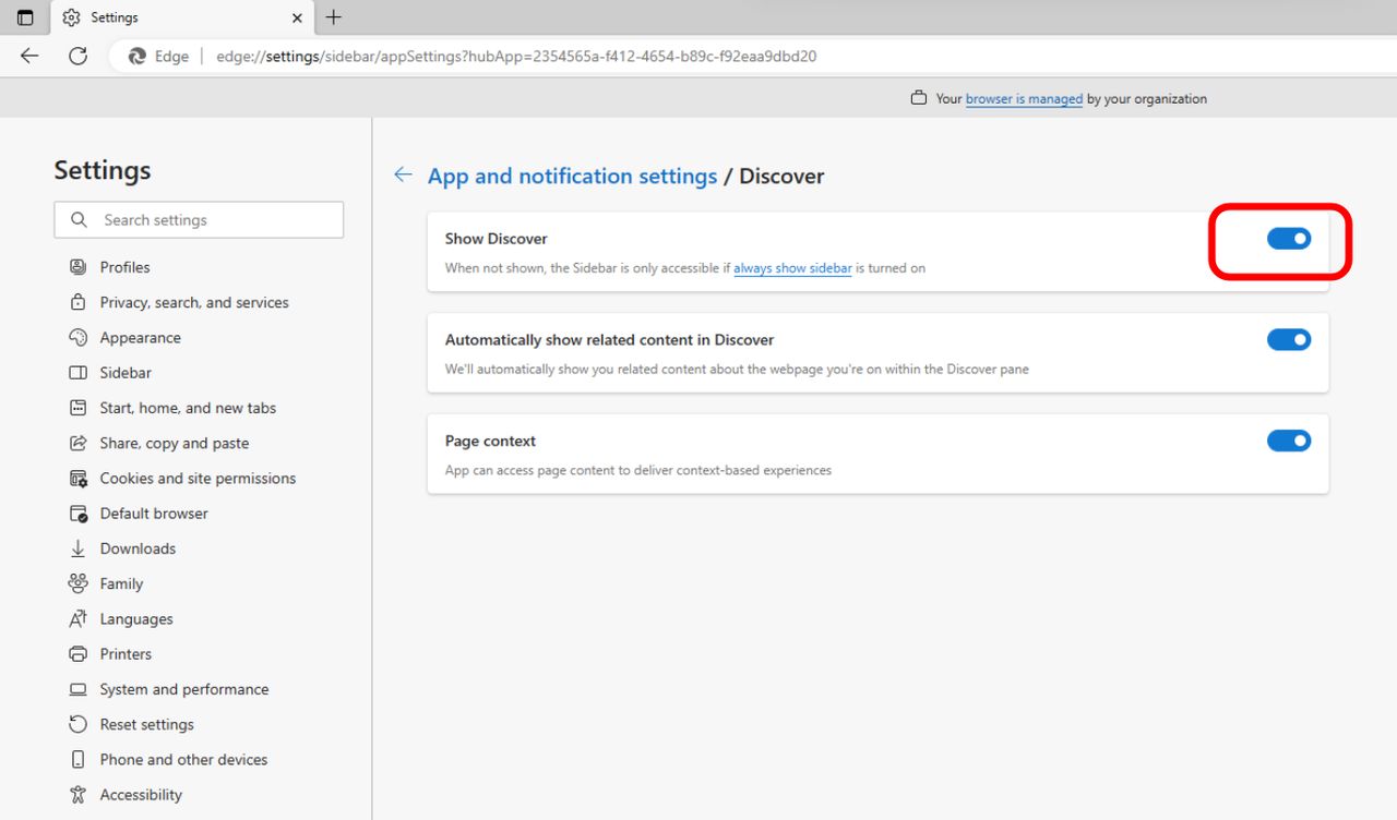 Microsoft Edge Settings to hide Bing Icon