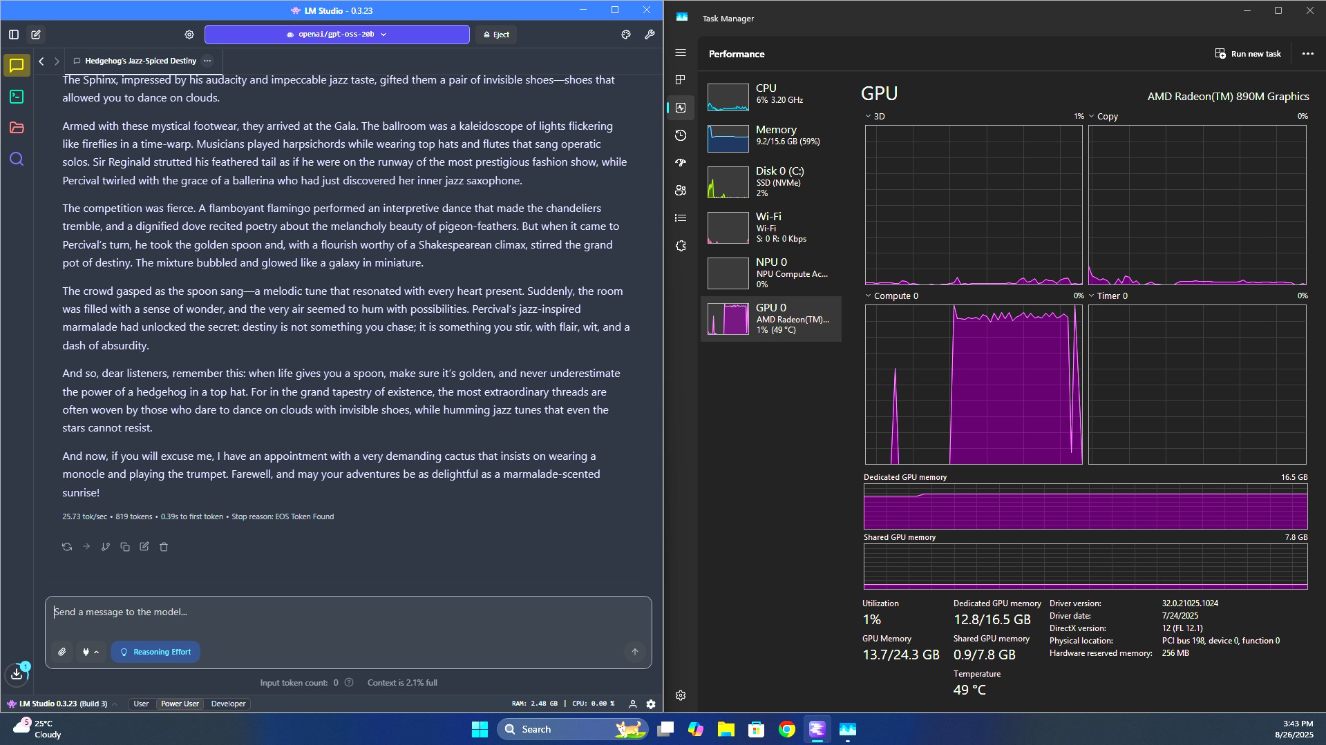 Running gpt-oss:20b on the Geekom A9 Max in LMStudio showing GPU usage and a 25 tokens per second output.