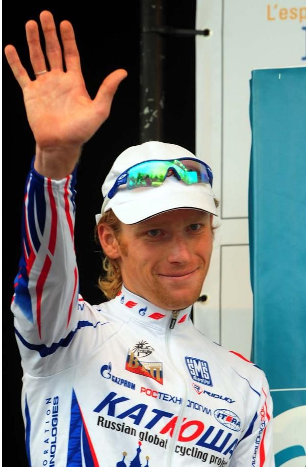 Pavel Brutt (Katusha) salutes the crowd after his victory.