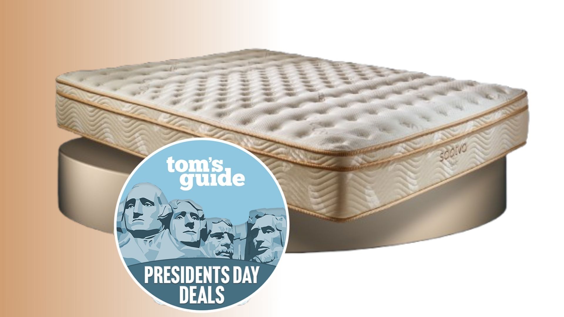 The Saatva Classic mattress shown on a gold plinth, with a blue Tom's Guide Presidents' Day deal badge overlaid on the bottom of the mattress