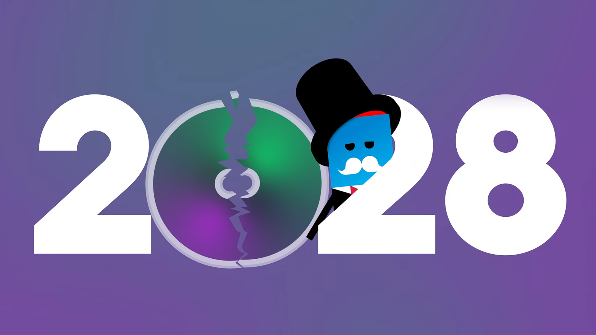 Art of a monopoly man, promptly after breaking a disk which serves as the "0" in "2028". 