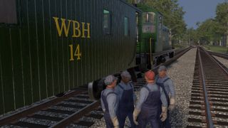 Four train engineers stand near a boxcar talking from videogame Railroader