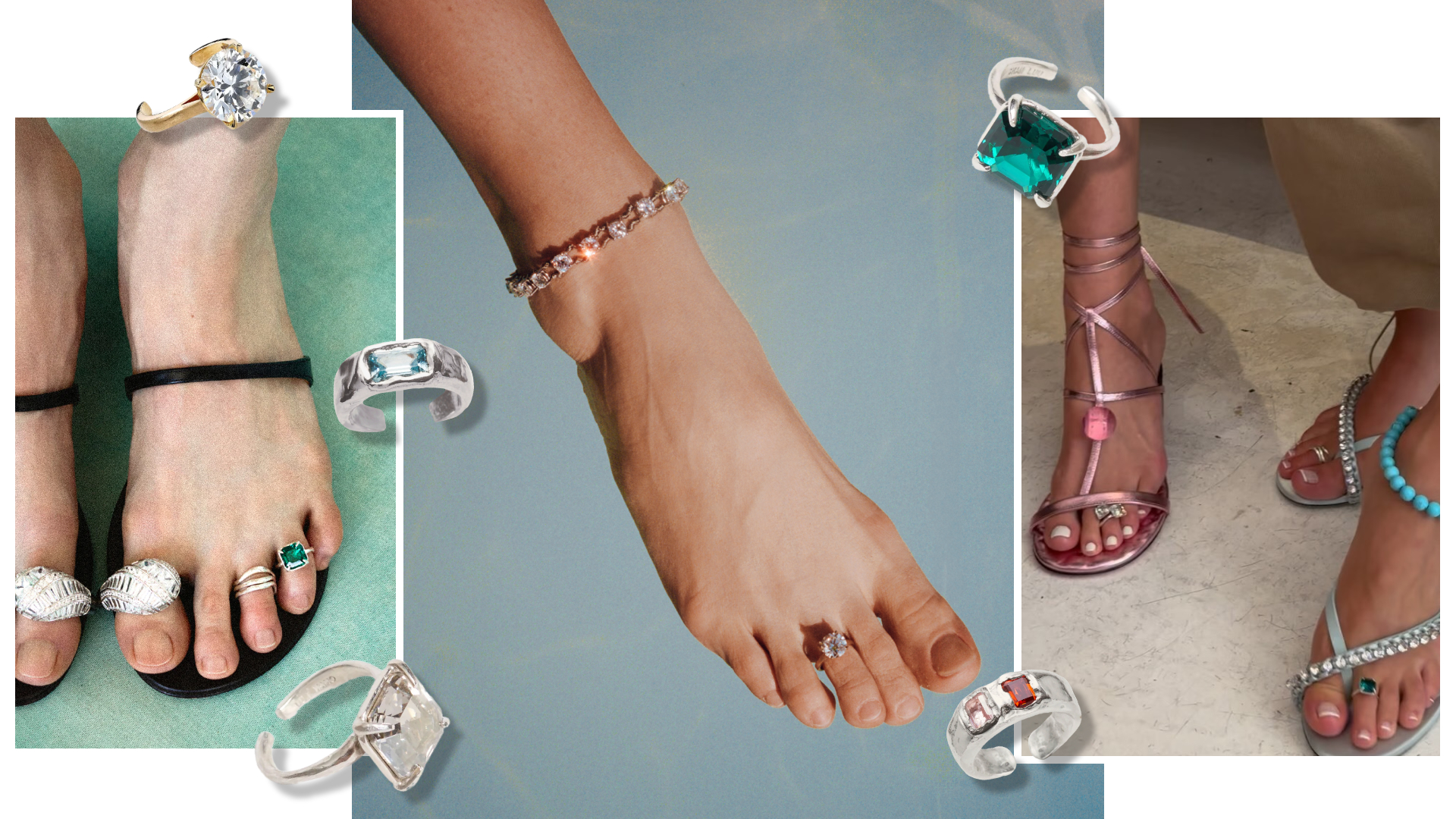 diamond and crystal toe rings at Chan Luu, Aflalo, Coco Schiffer, and Simuero