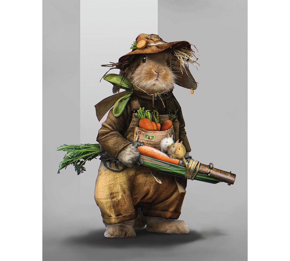 Character art concept showing an animal holding a weapon made from vegetables
