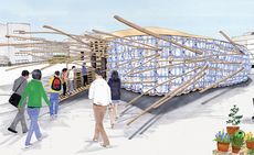 Artist rendering of the Jellyfish Theatre made from wooden pallets and discarded materials
