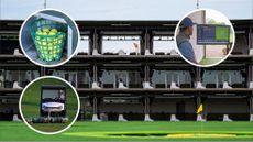 a picture of a driving range with multi-storey bays with insets of a bucket of balls, a ball-collector buddy and a golfer looking at a screen