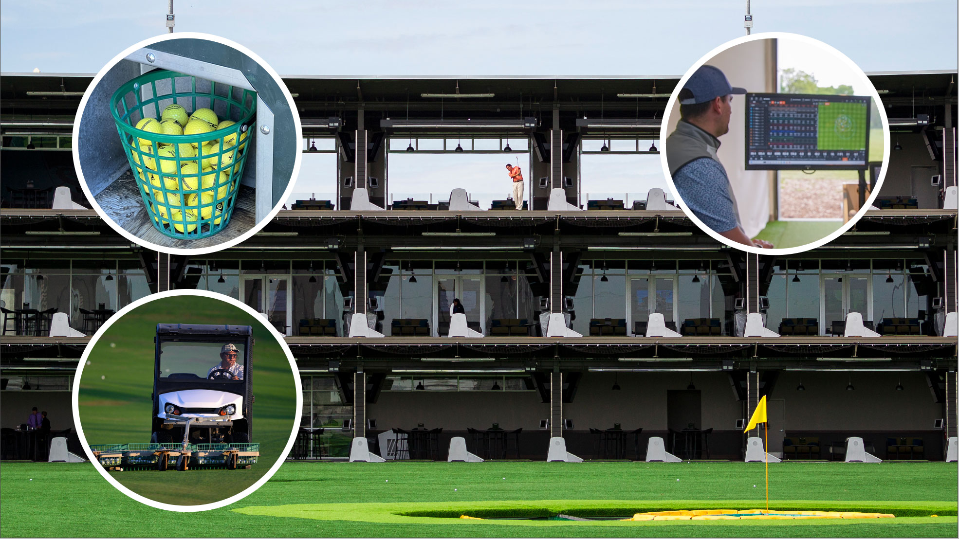 a picture of a driving range with multi-storey bays with insets of a bucket of balls, a ball-collector buddy and a golfer looking at a screen