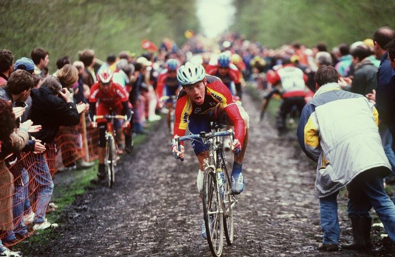 Tom Steels tries to keep it upright on the pave