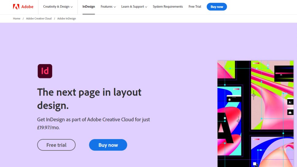 Tangkapan layar situs web untuk Adobe InDesign