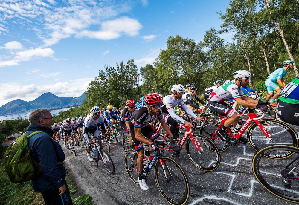 Cyclists ride during the 198,5 km second stage of the Arctic Race of Norway between Mo i Rana and Sandnessjoen