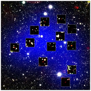 This image shows the region where the ancient galactic structure was found. The blue shading shows the area it covers. The red objects in the zoomed-in bits are the 12 galaxies.