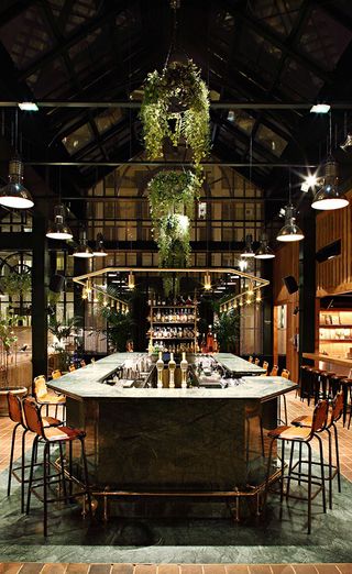 Eugène-Eugène island bar with high bar stools, overhead fixture with surround lighting