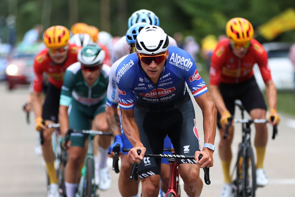 POLIGNY FRANCE JULY 21 Mathieu Van Der Poel of The Netherlands and Team AlpecinDeceuninck attacks in the chase group during the stage nineteen of the 110th Tour de France 2023 a 1728km stage from MoiransenMontagne to Poligny UCIWT on July 21 2023 in Poligny France Photo by Michael SteeleGetty Images