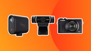 Three of the best cameras for streaming on a gradient background. 