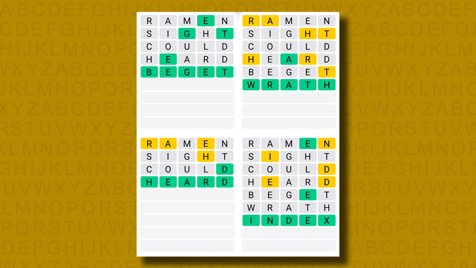 Quordle answers for game 1310 on a yellow background