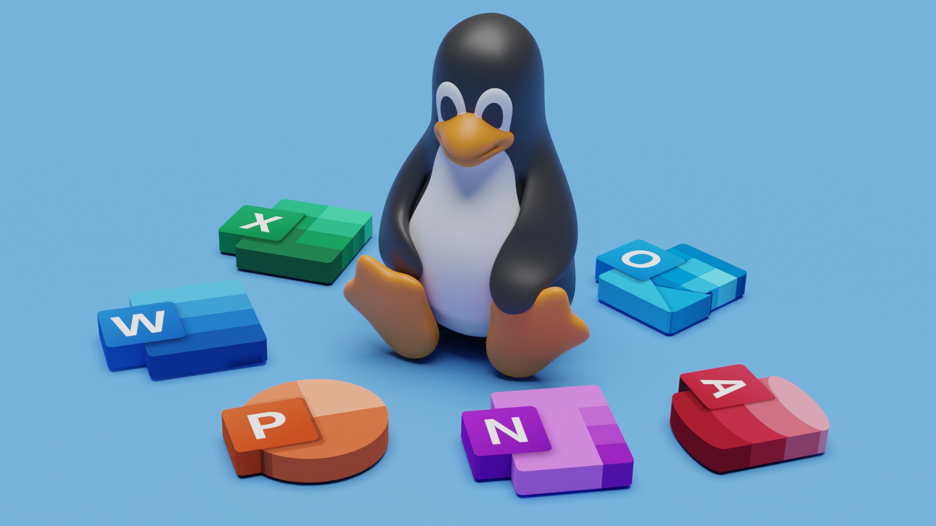 3D render of Linux mascot Tux sat surrounded by Microsoft Office app icons on a blue backdrop.