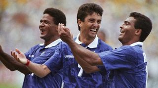 Bebeto celebrates with Romario and Mazinho after scoring for Brazil against the Netherlands at the 1994 World Cup.