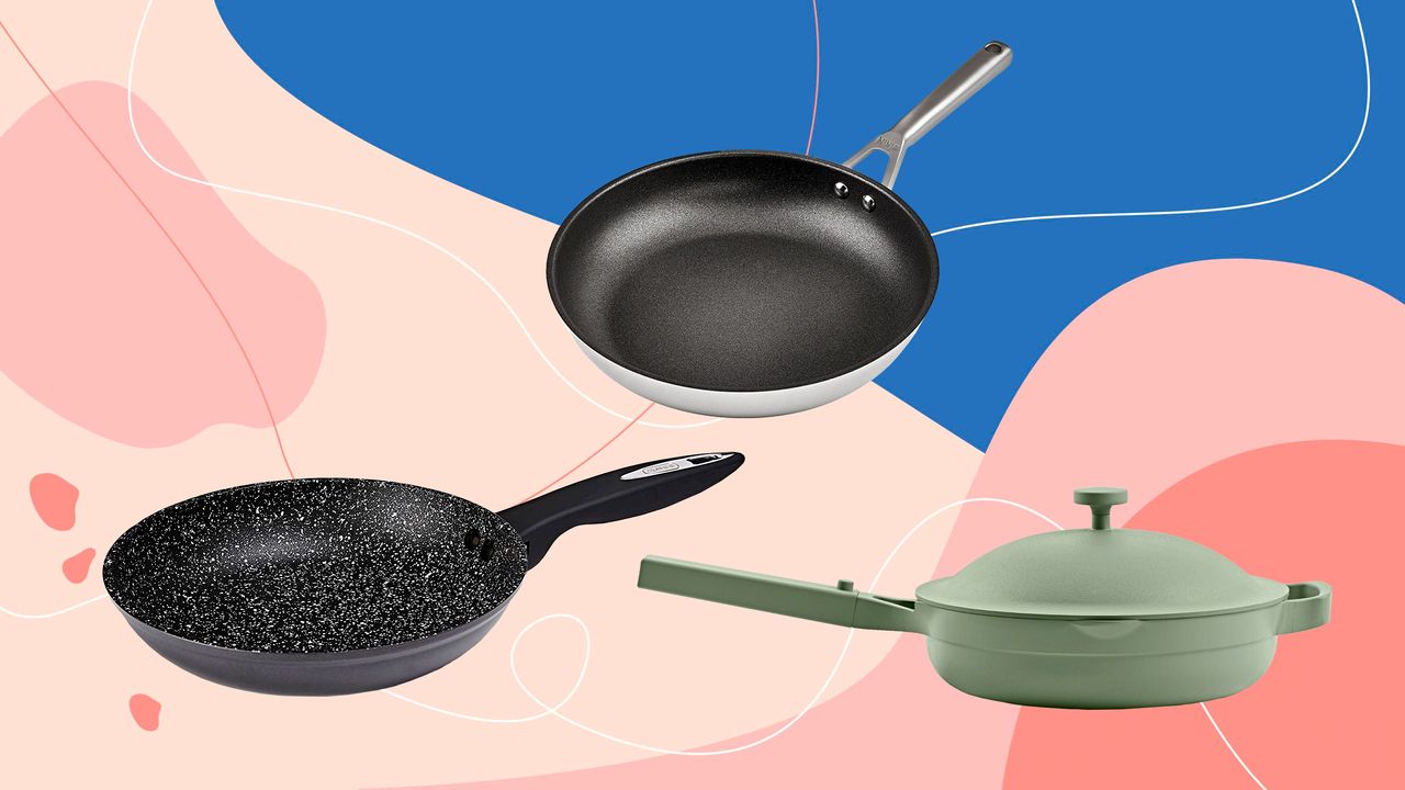 Three non stick pans on graphic background